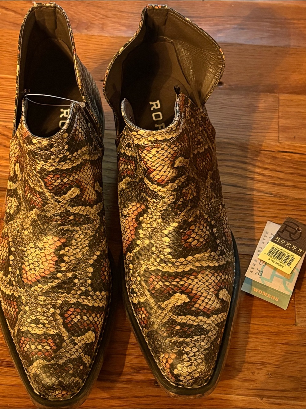 Roper Snakeskin Print Faux Leather Cutout Ankle Booties, Women’s Size 9, NWT